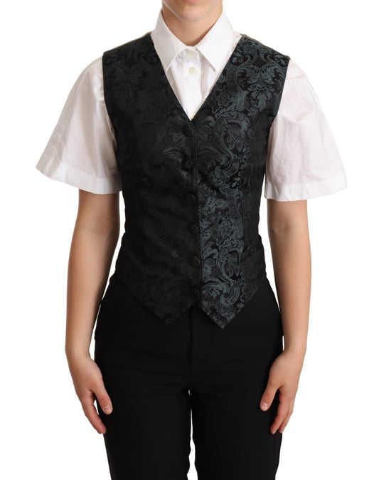 Dolce & Gabbana Black Jacquard Floral Waistcoat Vest Women's Green