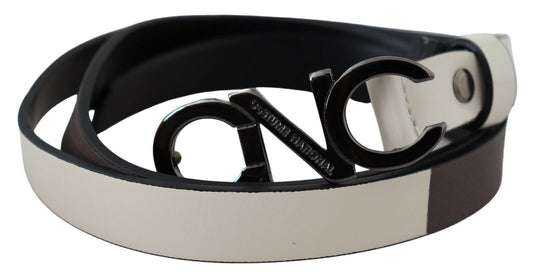 Costume National White Black Leather Letter Logo Buckle Women's Belt