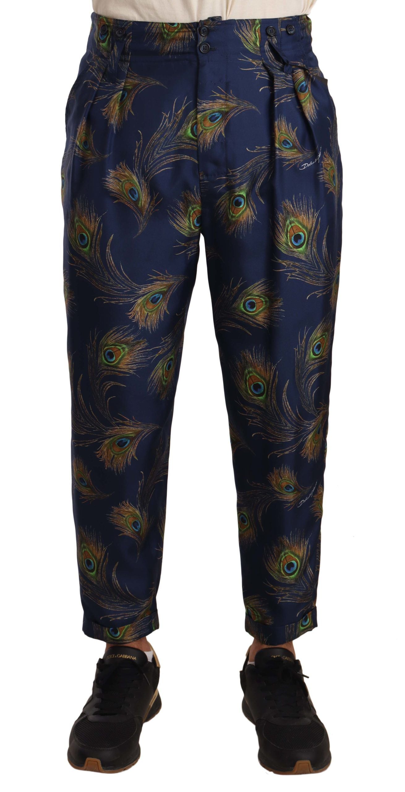 Dolce & Gabbana Blue Peacock Print Tapered Trousers Silk Men's Pants
