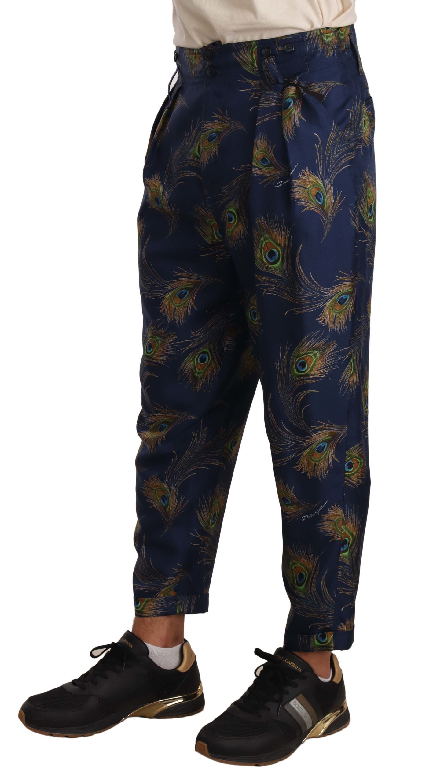 Dolce & Gabbana Blue Peacock Print Tapered Trousers Silk Men's Pants
