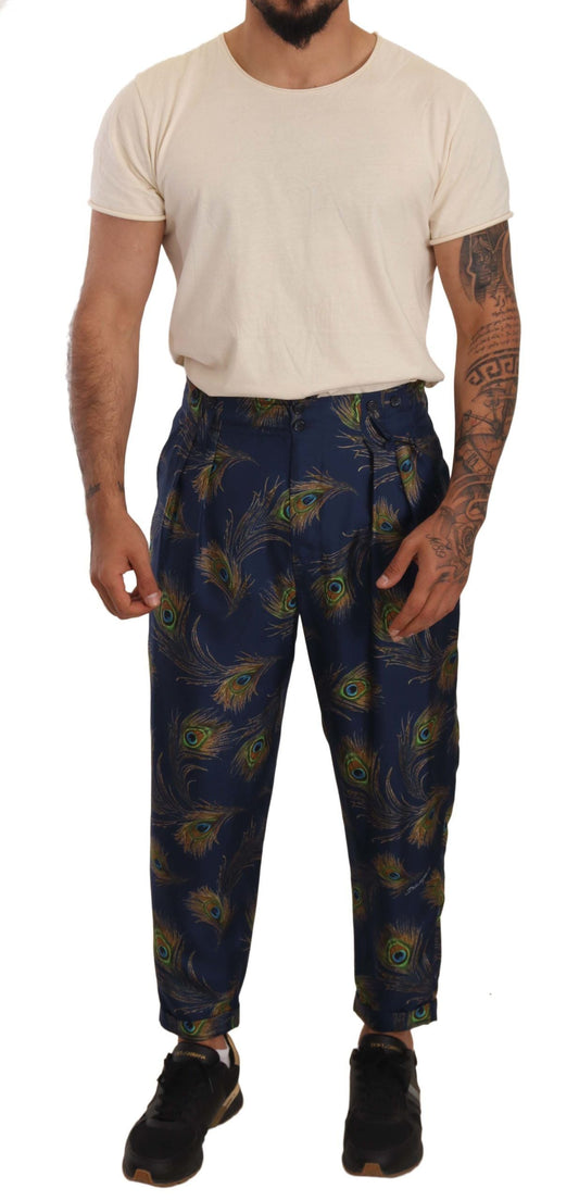 Dolce & Gabbana Blue Peacock Print Tapered Trousers Silk Men's Pants