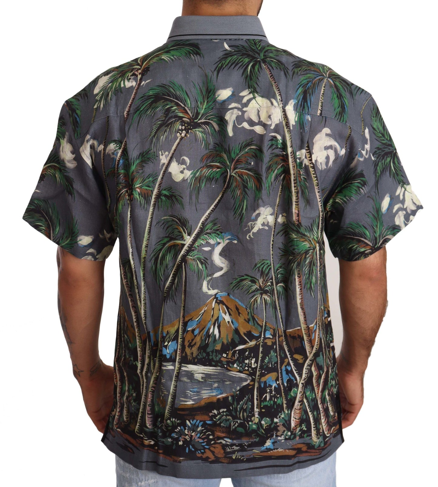 Dolce & Gabbana Gray Linen Tropical Print Collared Men's Shirt