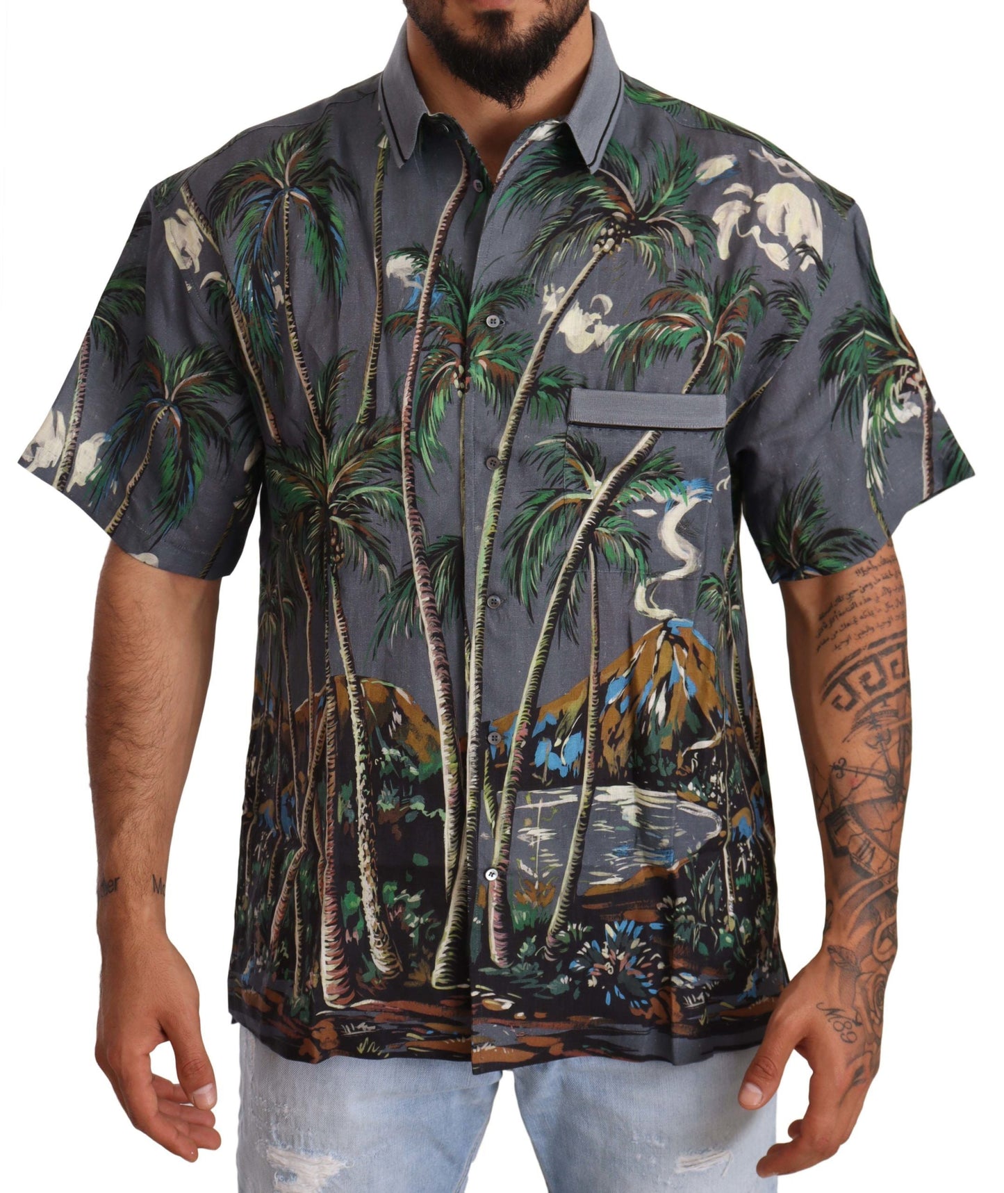 Dolce & Gabbana Gray Linen Tropical Print Collared Men's Shirt