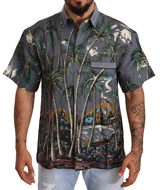 Dolce & Gabbana Gray Linen Tropical Print Collared Men's Shirt
