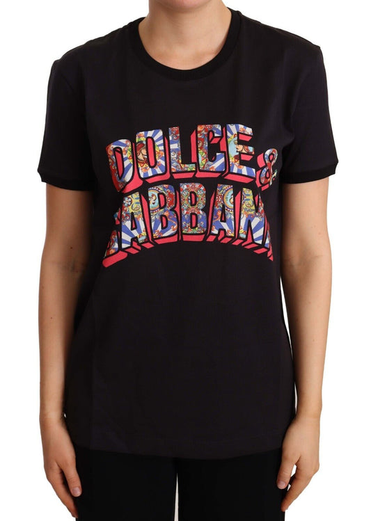 Dolce & Gabbana Black Cotton Large Print Top Crewneck Women's T-shirt