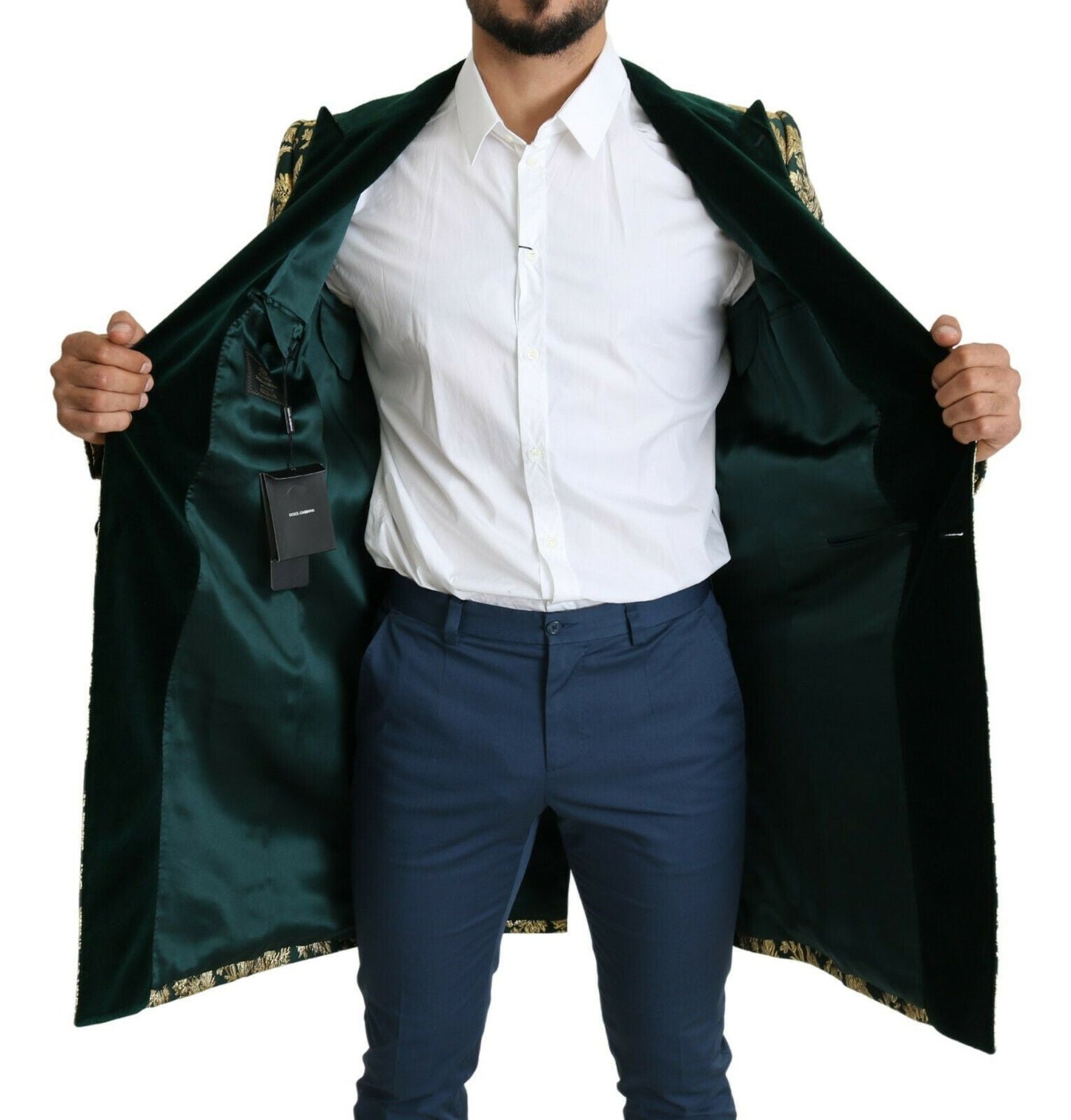 Dolce & Gabbana DOLCE & GABBANA Jacket SICILIA Green Gold Jacquard Long Men's Coat