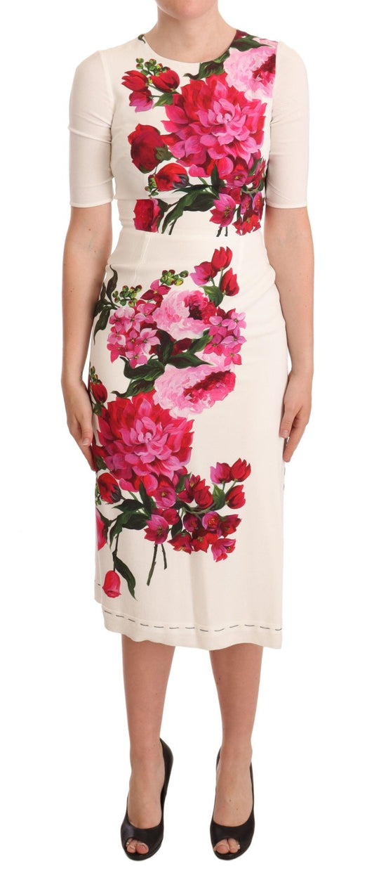 Dolce & Gabbana White Floral Printed Crepe Midi Slit Women's Dress