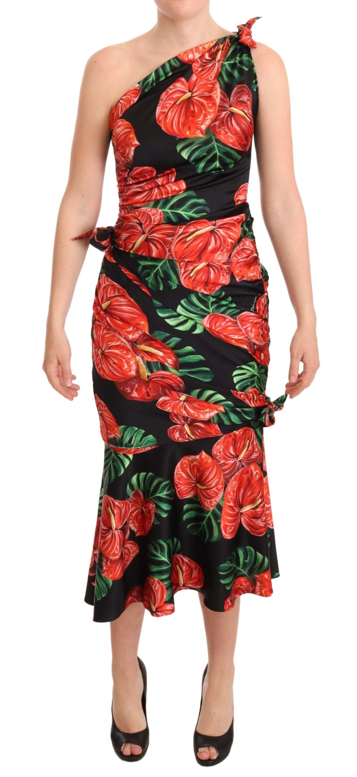 Dolce & Gabbana Black Shiny Silk Floral Print Draped Women's Dress