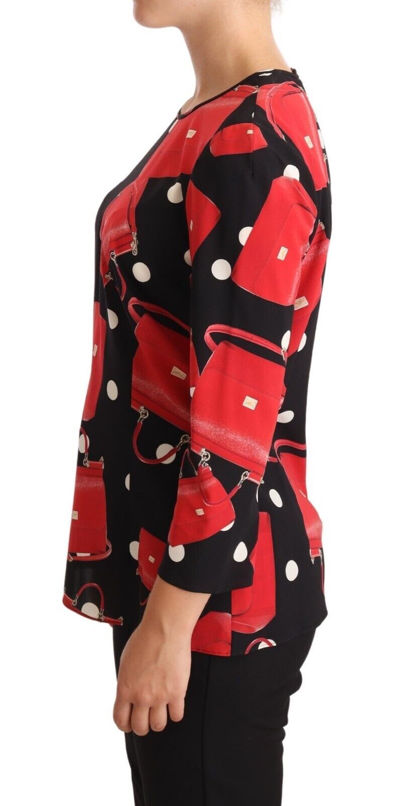 Dolce & Gabbana Black Sicily Bag Print Silk Stretch Top Women's Blouse