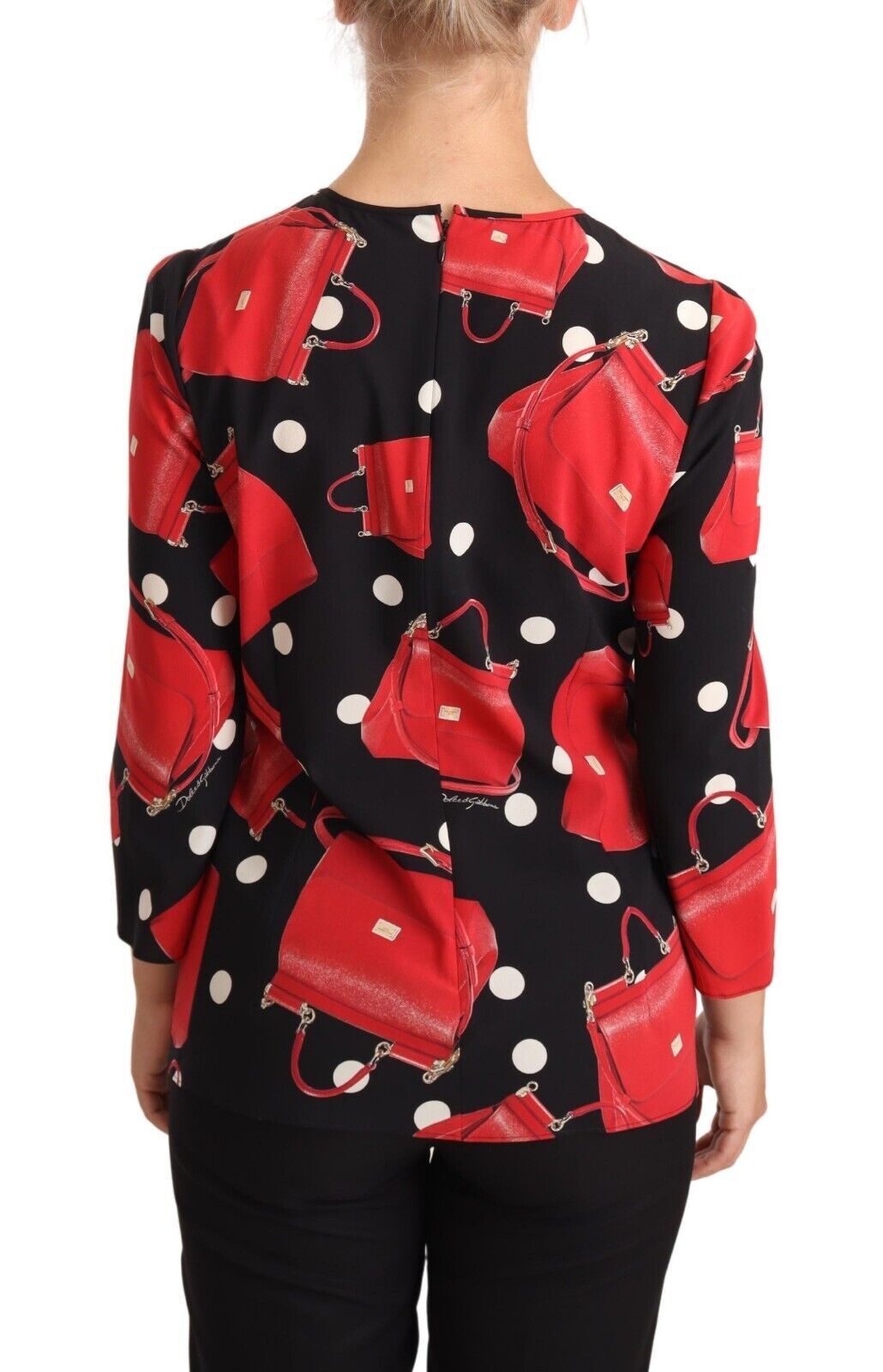 Dolce & Gabbana Black Sicily Bag Print Silk Stretch Top Women's Blouse