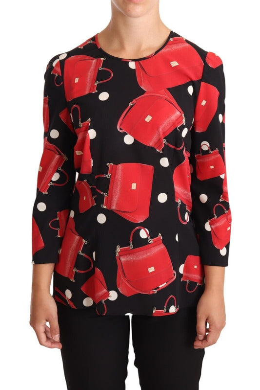 Dolce & Gabbana Black Sicily Bag Print Silk Stretch Top Women's Blouse