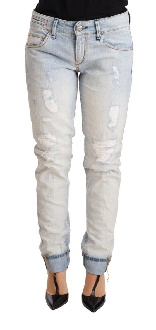 Acht Light Blue Distressed Cotton Folded Hem Denim Trouser Women's Jeans