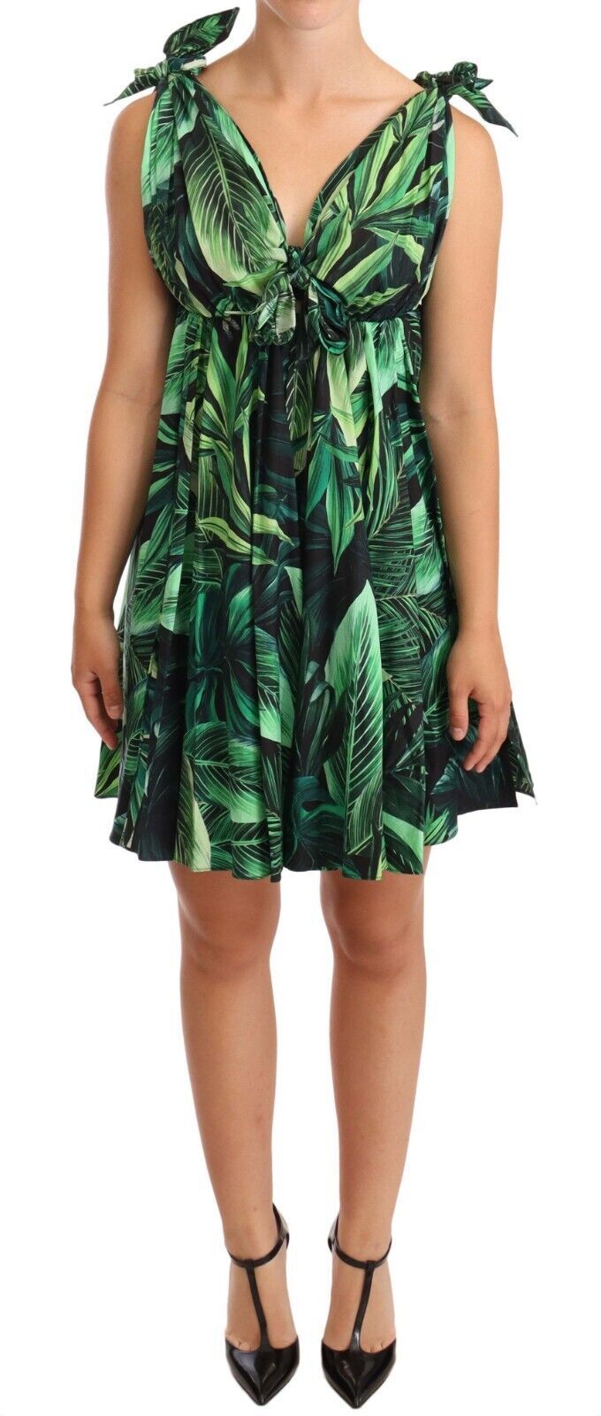 Dolce & Gabbana Green Leaves Print Cotton Flared Mini Women's Dress
