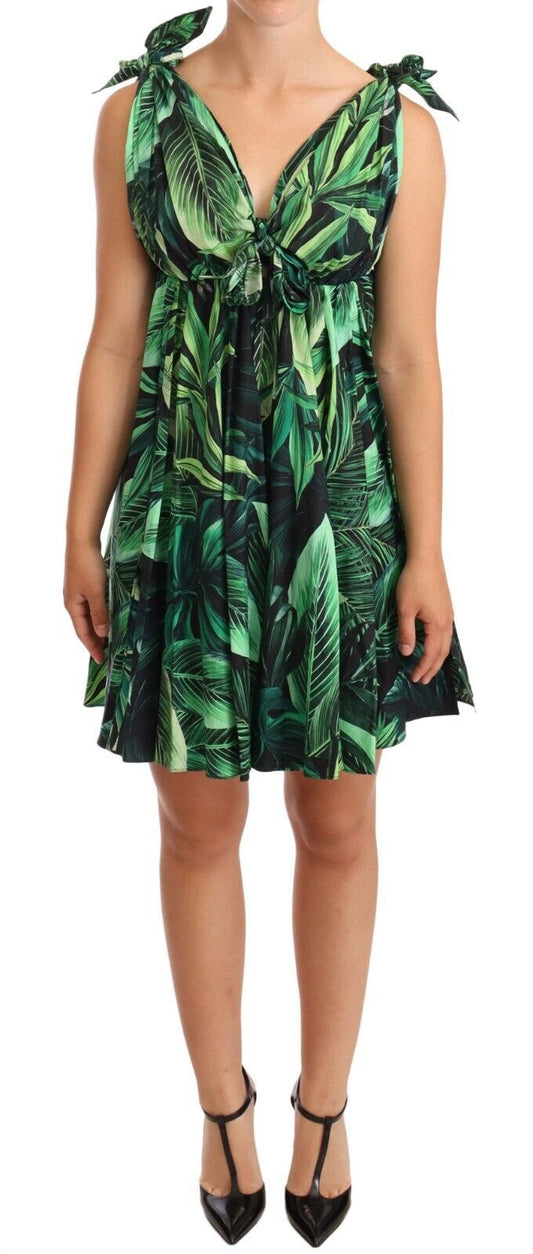 Dolce & Gabbana Green Leaves Print Cotton Flared Mini Women's Dress