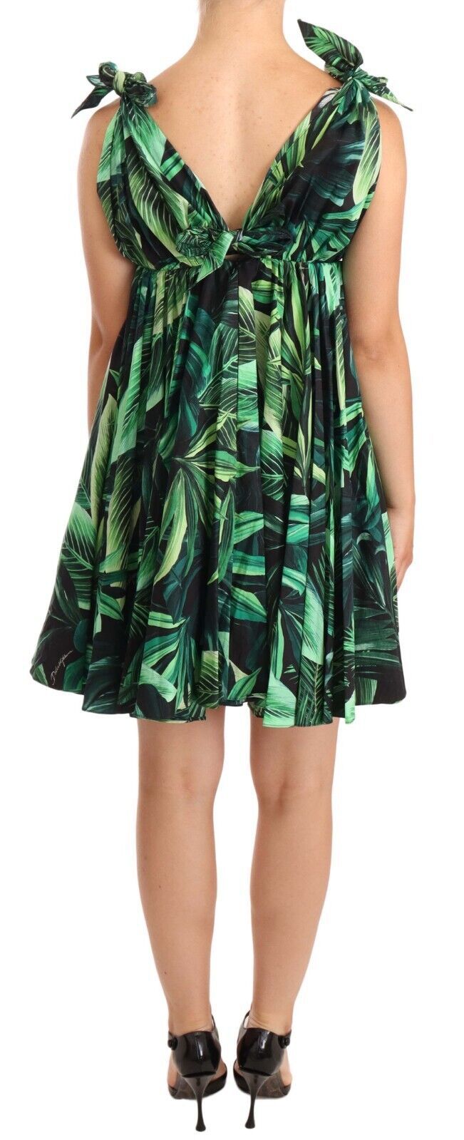 Dolce & Gabbana Green Leaves Print Cotton Flared Mini Women's Dress