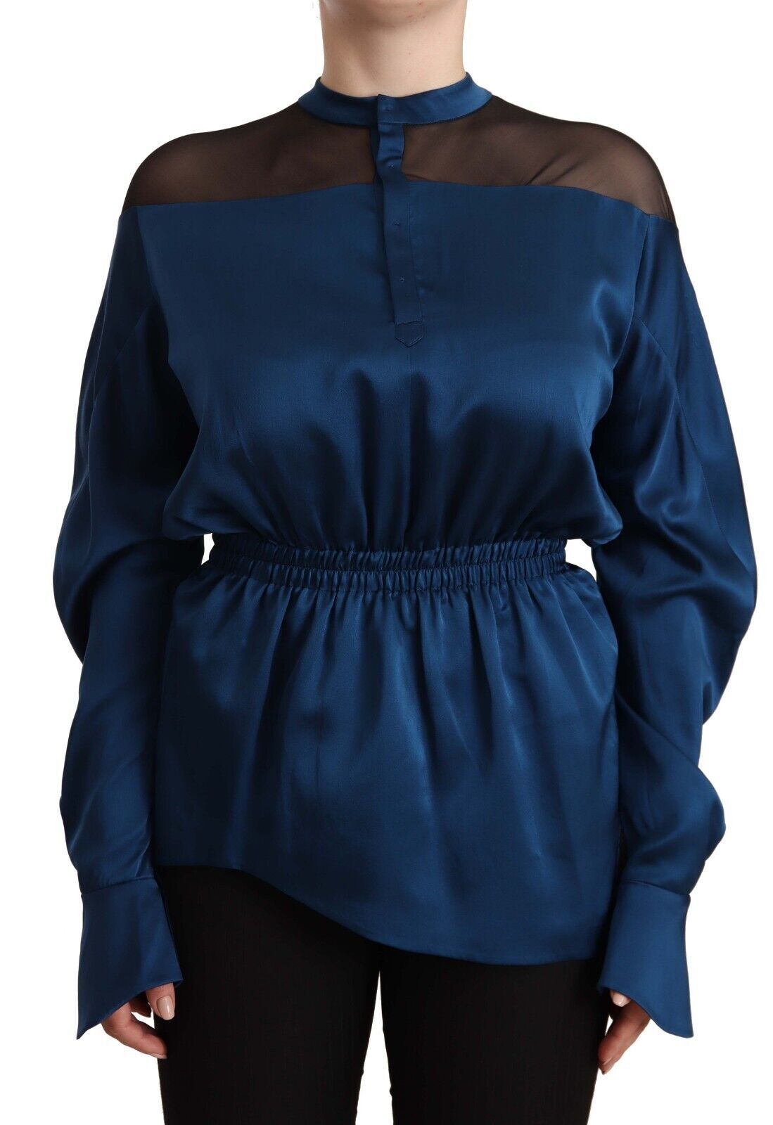 Masha Ma Blue Silk Long Sleeves Elastic Waist Top Women's Blouse