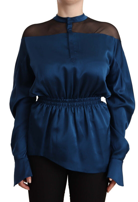 Masha Ma Blue Silk Long Sleeves Elastic Waist Top Women's Blouse