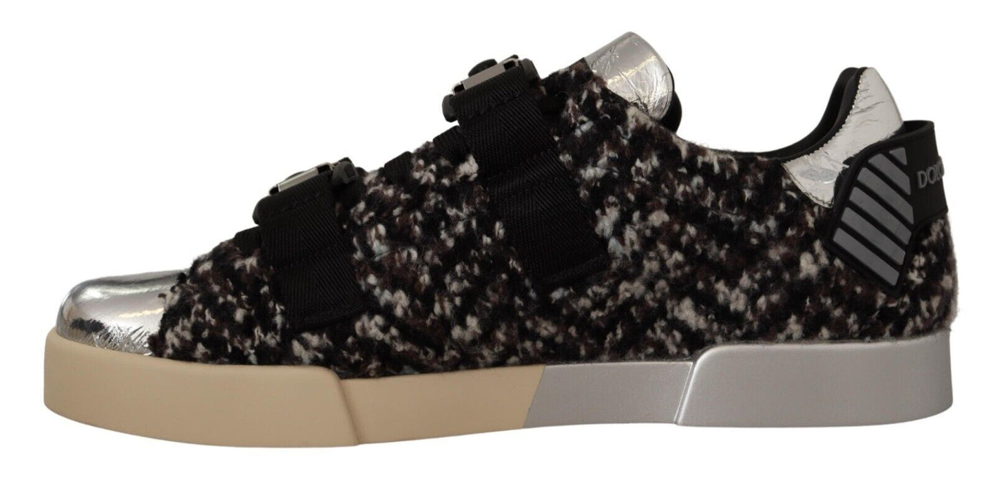 Dolce & Gabbana Silver Leather Brown Cotton Wool Sneakers Men's Shoes