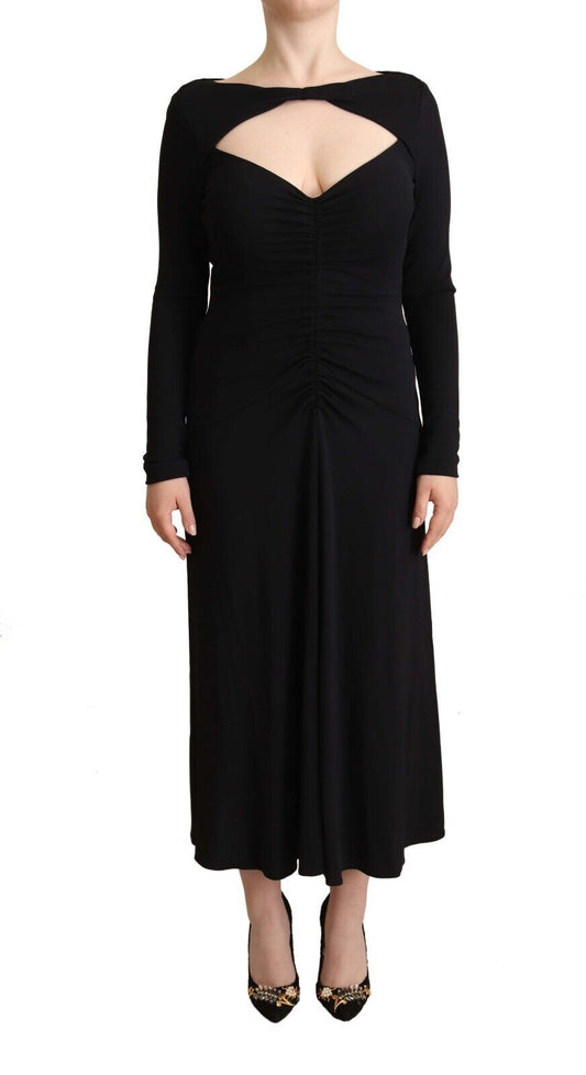 PINKO Black Nylon Stretch Long Sleeves Deep V-neck Maxi Women's Dress