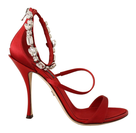Dolce & Gabbana Red Satin Crystals Sandals Keira Heels Women's Shoes