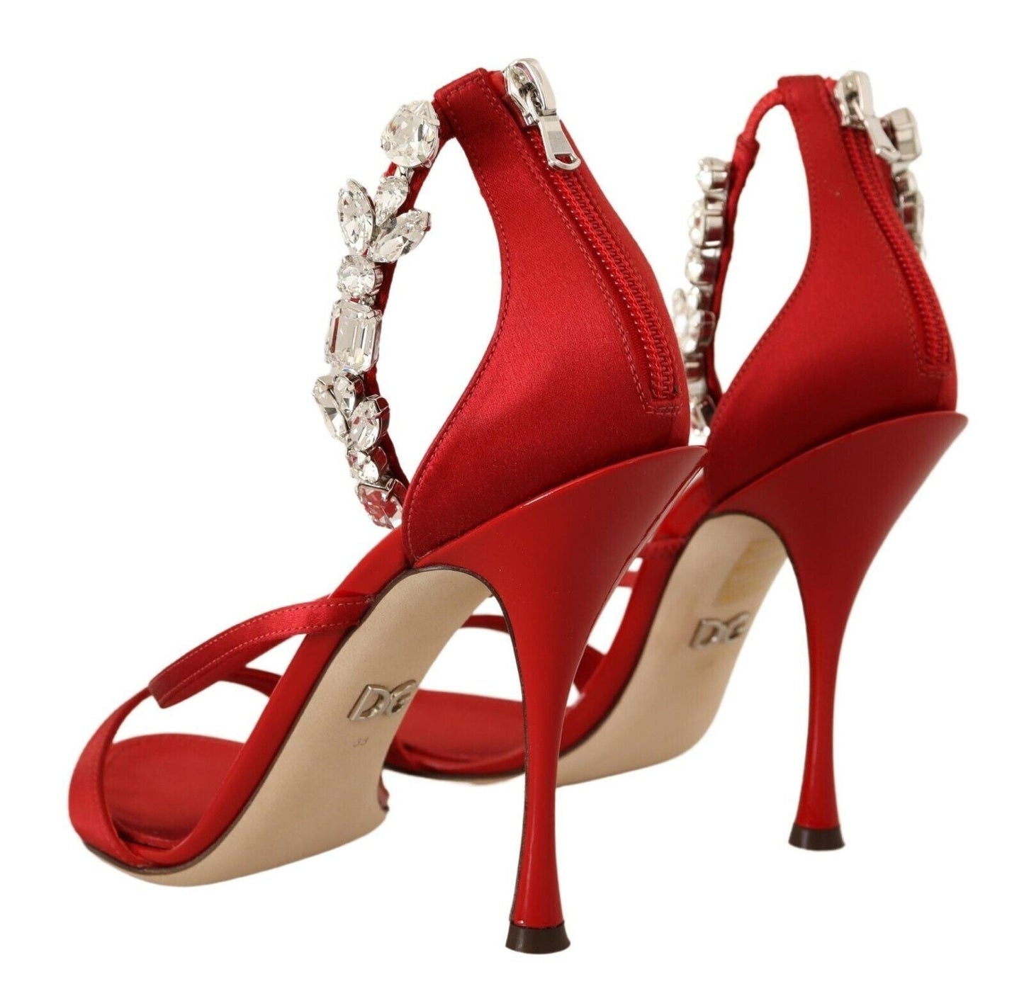 Dolce & Gabbana Red Satin Crystals Sandals Keira Heels Women's Shoes