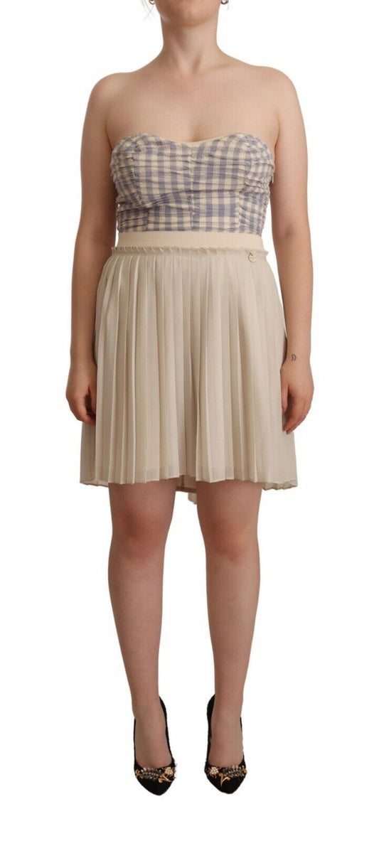 Guess Beige Checkered Pleated A-line Strapless Bustier Women's Dress