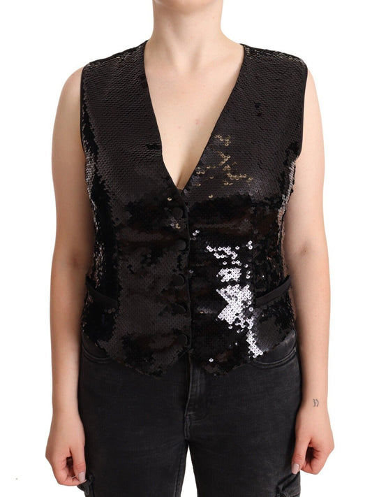 Dolce & Gabbana Black Sequin V-Neck Sleeveless Vest Tank Women's Top