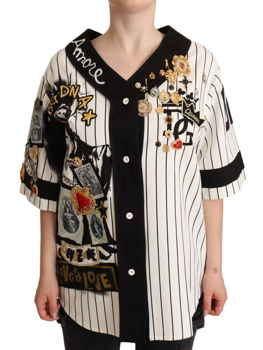 Dolce & Gabbana White Cotton Crystal Charms Amore Women's Shirt