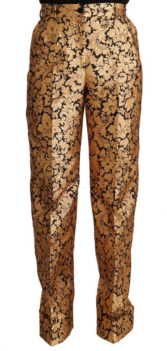 Dolce & Gabbana Gold Floral Jacquard Straight Polyester Women's Pants