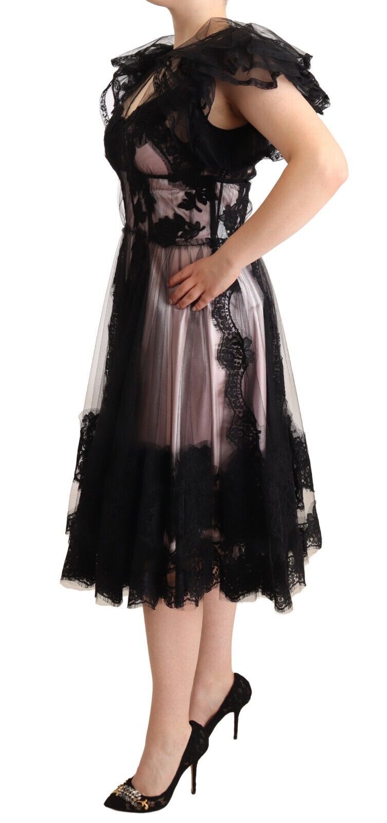 Dolce & Gabbana Black Pink Floral Lace A-line Midi Sheer Women's Dress