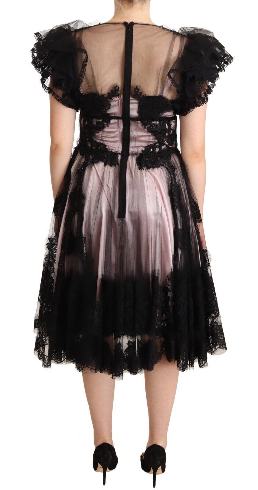 Dolce & Gabbana Black Pink Floral Lace A-line Midi Sheer Women's Dress