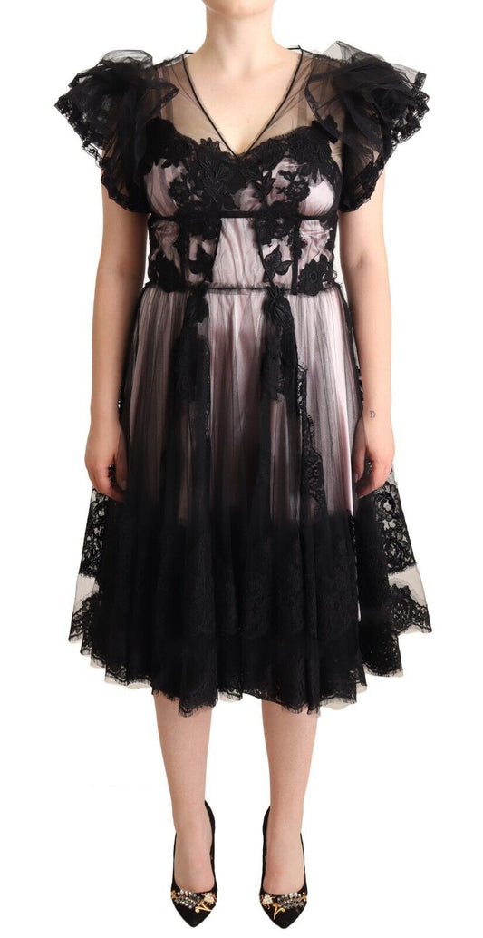 Dolce & Gabbana Black Pink Floral Lace A-line Midi Sheer Women's Dress