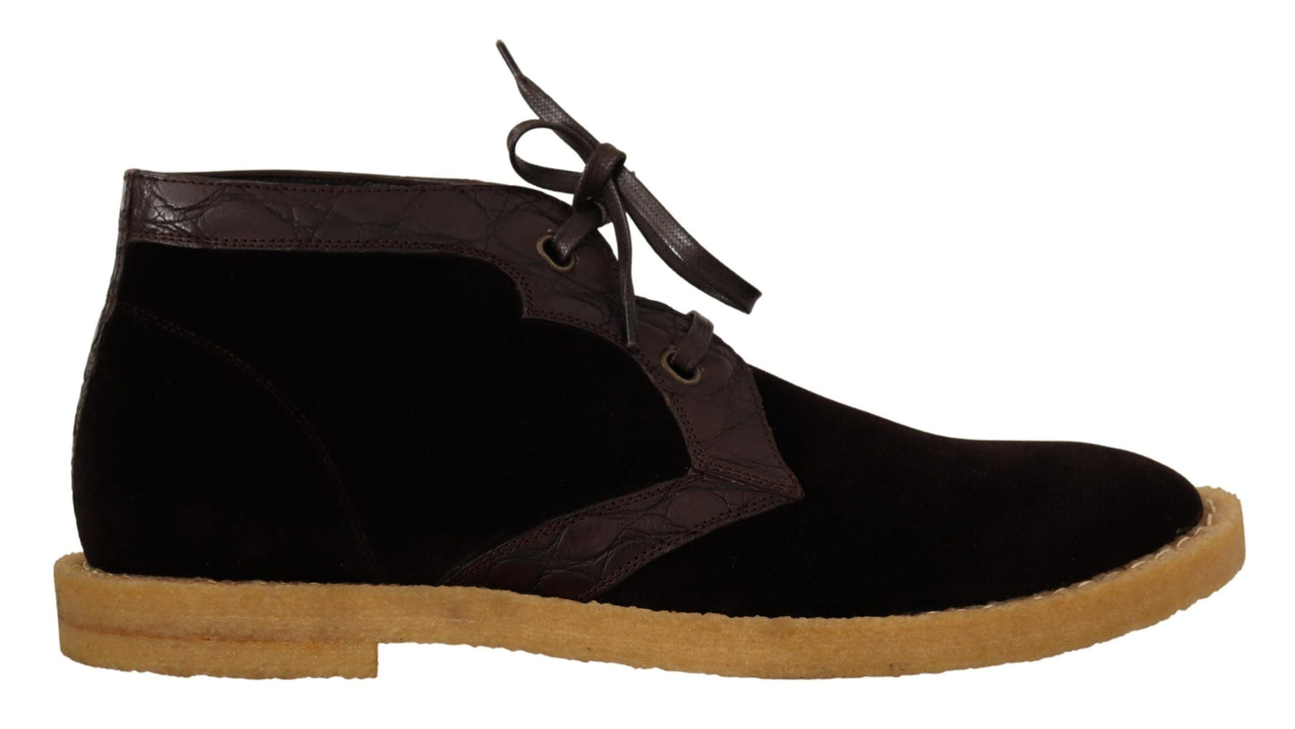 Dolce & Gabbana Brown Velvet Exotic Leather Men's Boots