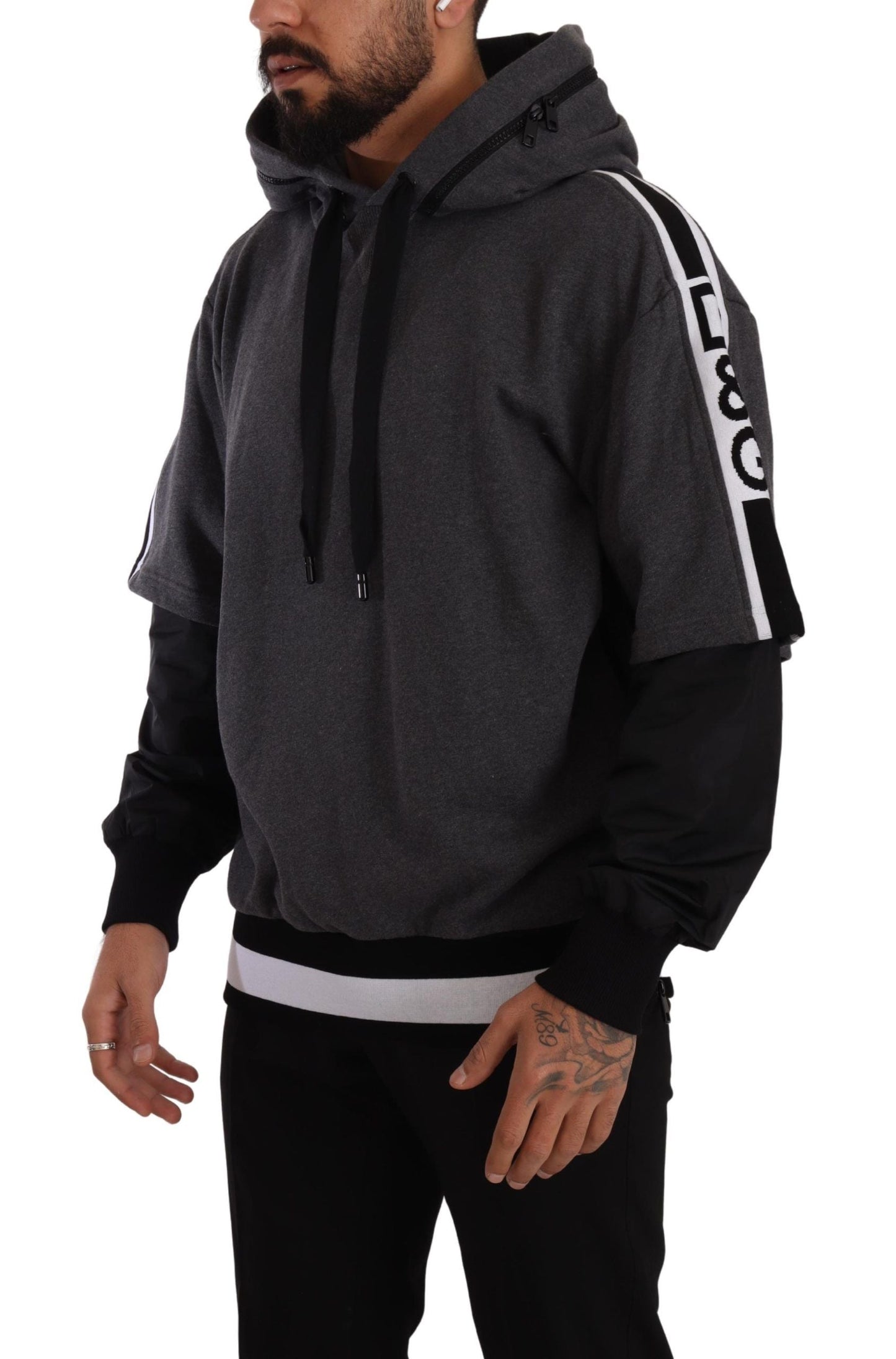 Dolce & Gabbana Gray Black Cotton Hooded #DGMILLENNIALS Men's Sweater