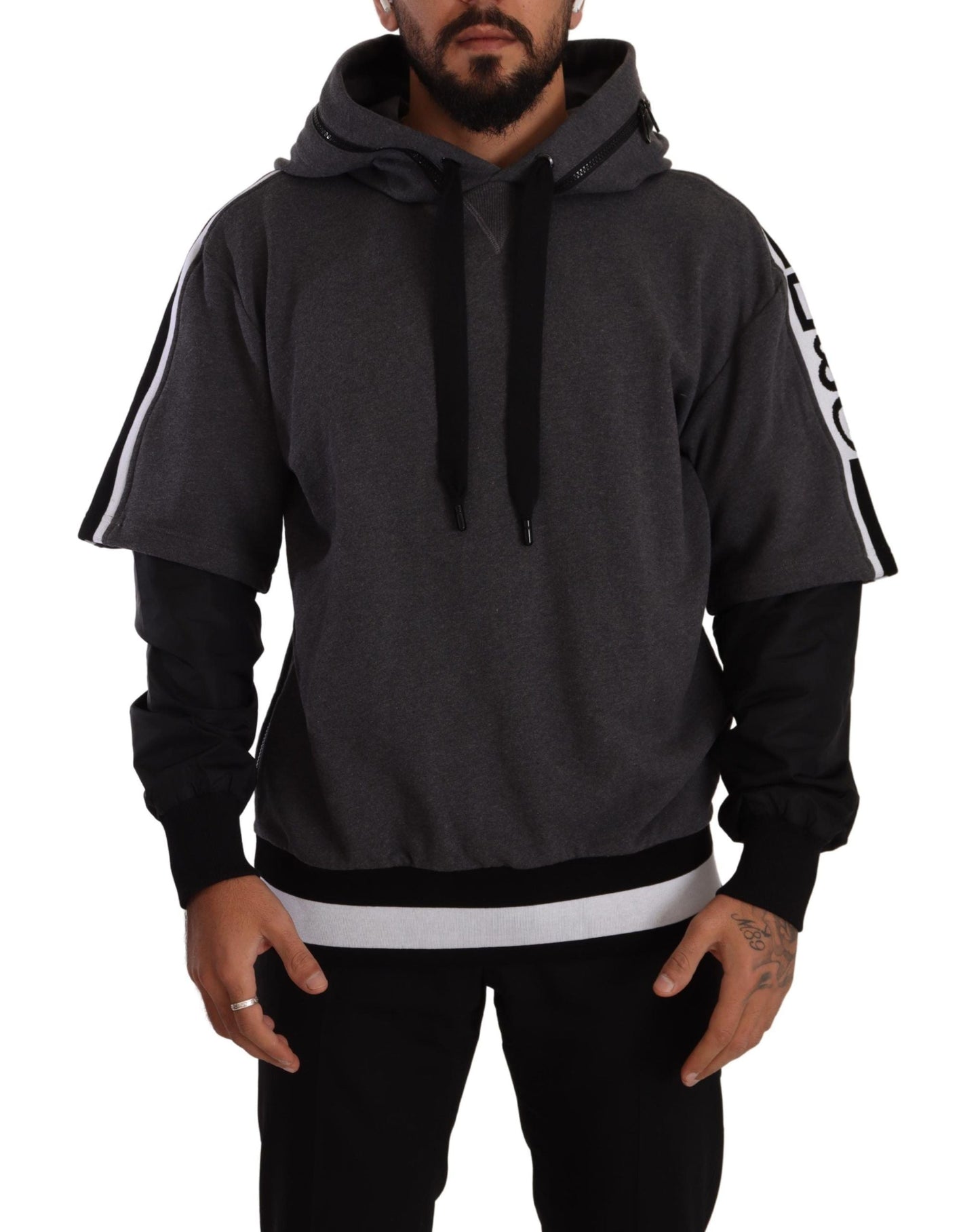 Dolce & Gabbana Gray Black Cotton Hooded #DGMILLENNIALS Men's Sweater