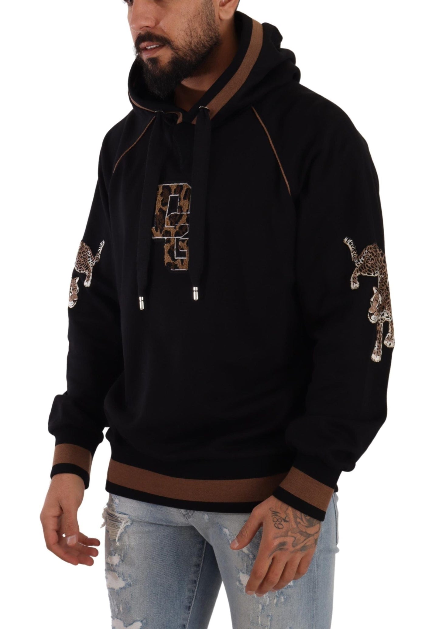 Dolce & Gabbana Black Brown Leopard Cotton Hooded Pullover Men's Sweater