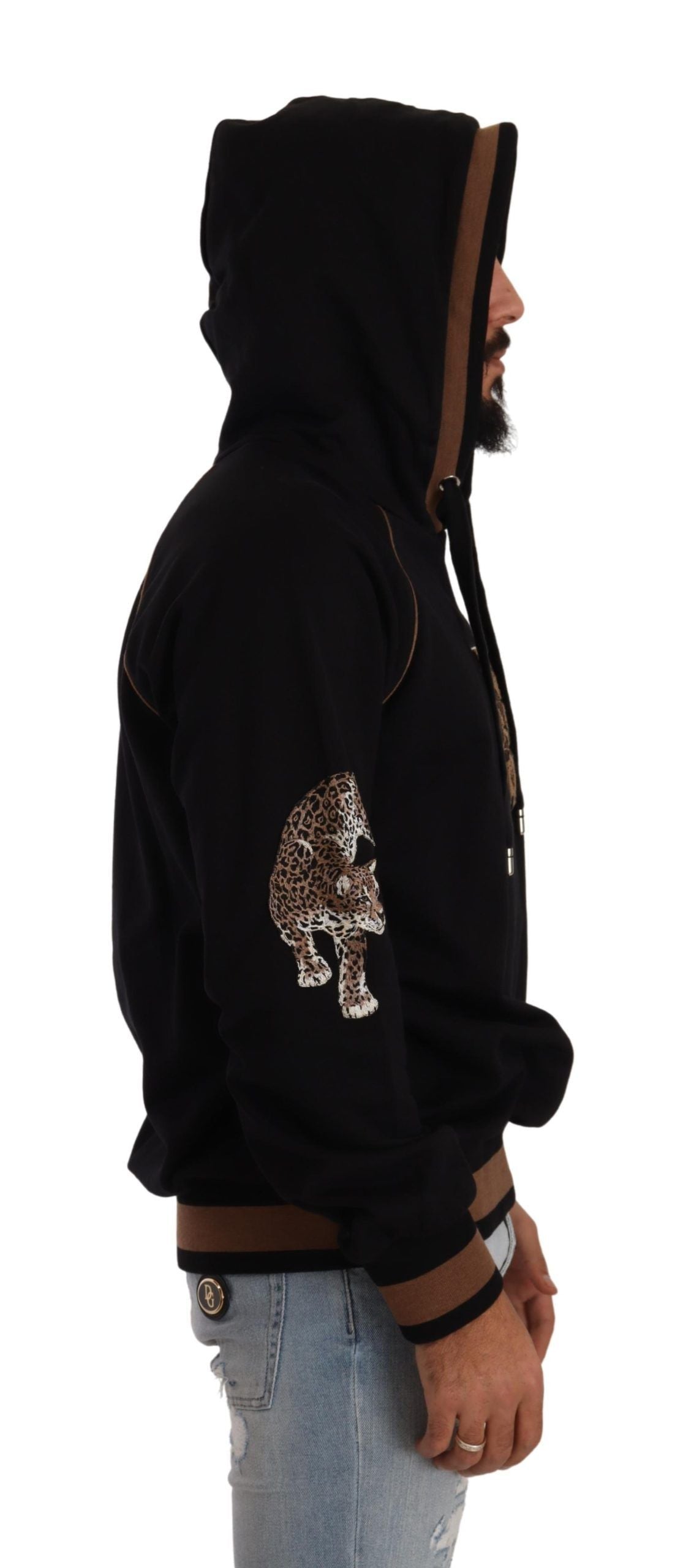 Dolce & Gabbana Black Brown Leopard Cotton Hooded Pullover Men's Sweater