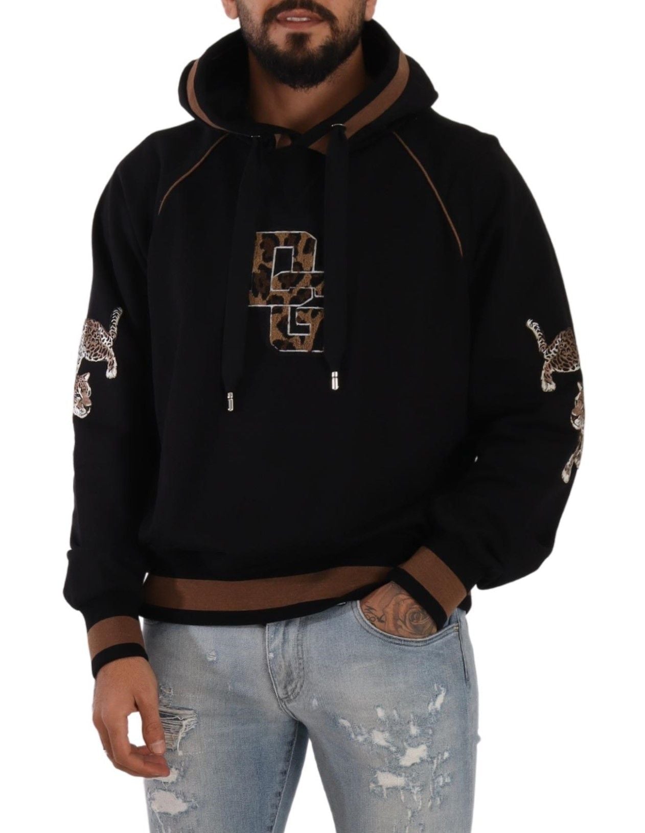 Dolce & Gabbana Black Brown Leopard Cotton Hooded Pullover Men's Sweater