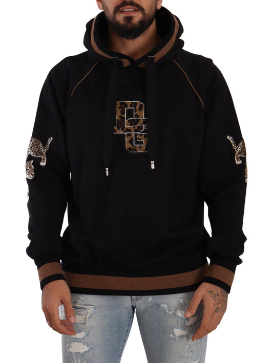 Dolce & Gabbana Black Brown Leopard Cotton Hooded Pullover Men's Sweater