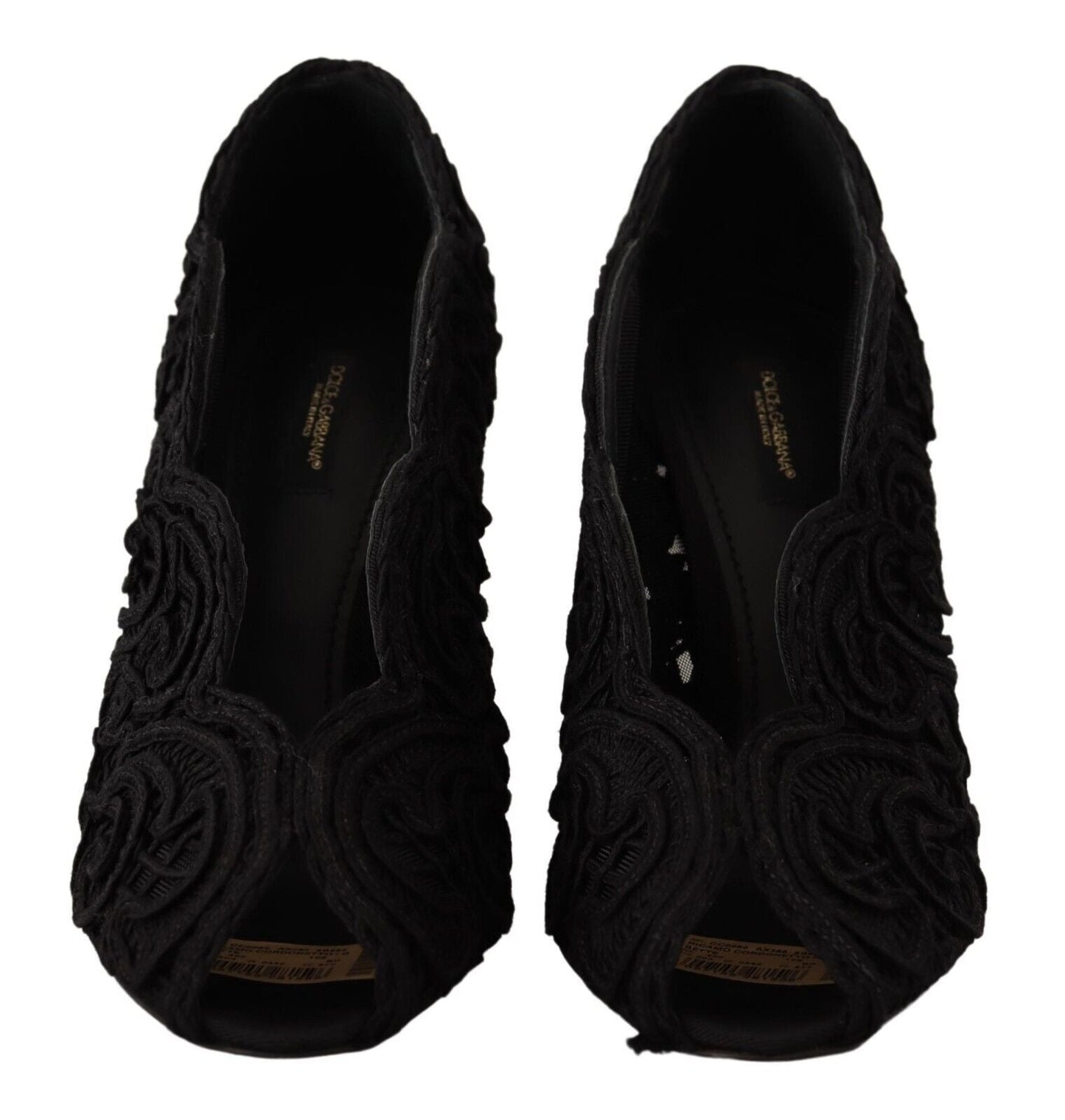 Dolce & Gabbana Black Cordonetto Ricamo Pump Open Toe Women's Shoes