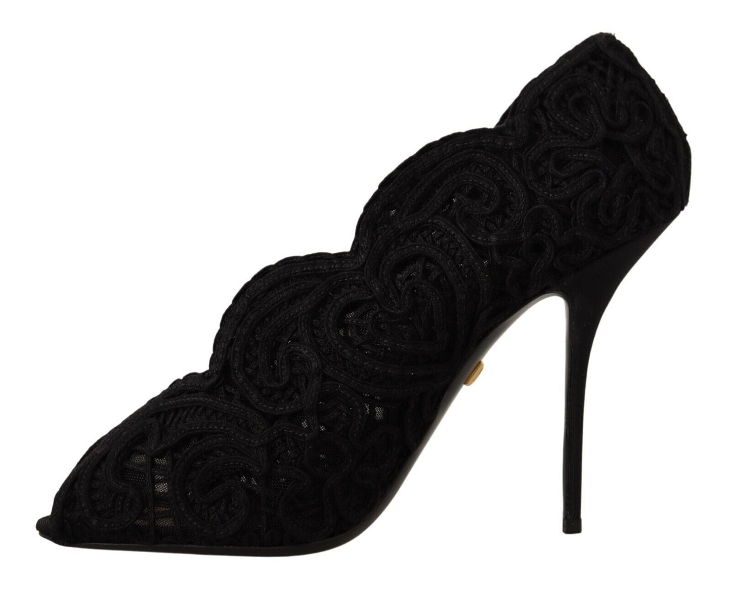 Dolce & Gabbana Black Cordonetto Ricamo Pump Open Toe Women's Shoes
