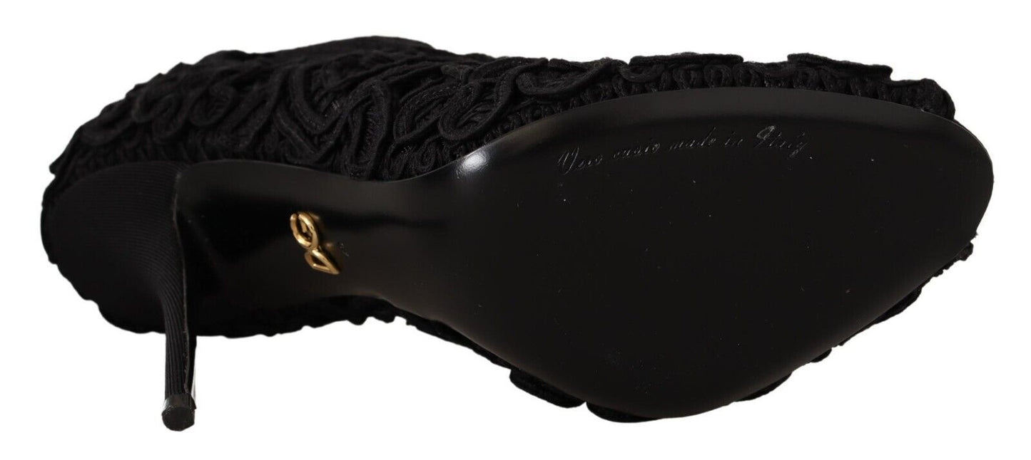 Dolce & Gabbana Black Cordonetto Ricamo Pump Open Toe Women's Shoes