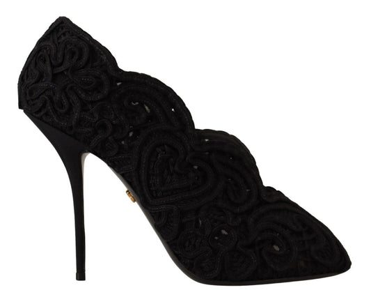 Dolce & Gabbana Black Cordonetto Ricamo Pump Open Toe Women's Shoes