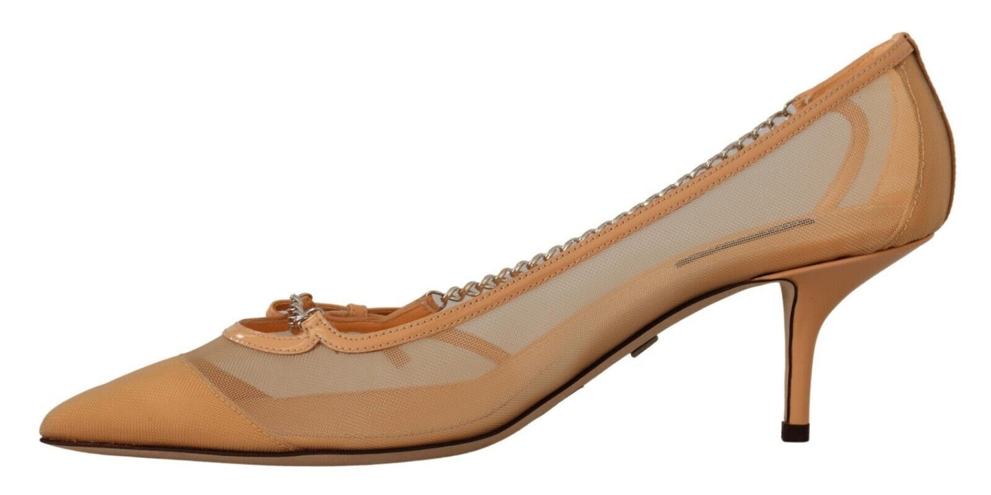 Dolce & Gabbana Peach Mesh Leather Chains Heels Pumps Women's Shoes