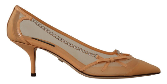 Dolce & Gabbana Peach Mesh Leather Chains Heels Pumps Women's Shoes