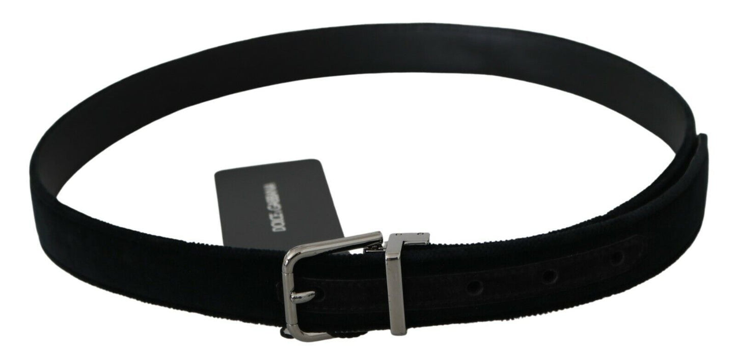 Dolce & Gabbana Black Velvet Leather Silver Buckle Men's Belt