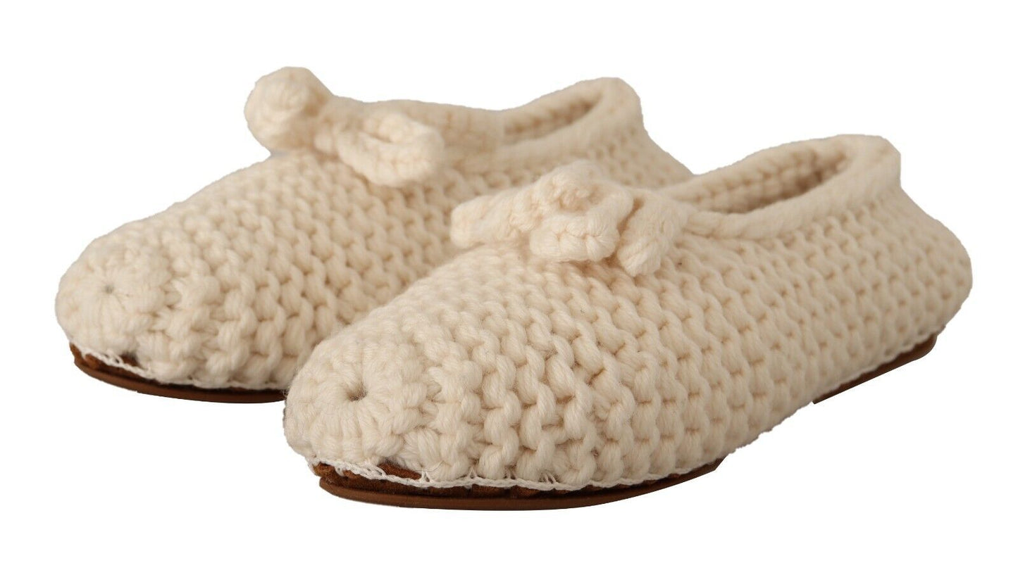 Dolce & Gabbana White Slip On Ballerina Flats Wool Knit Women's Shoes