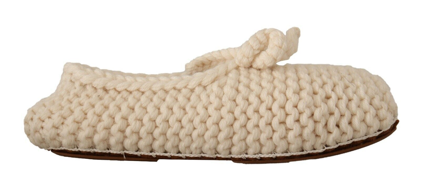 Dolce & Gabbana White Slip On Ballerina Flats Wool Knit Women's Shoes