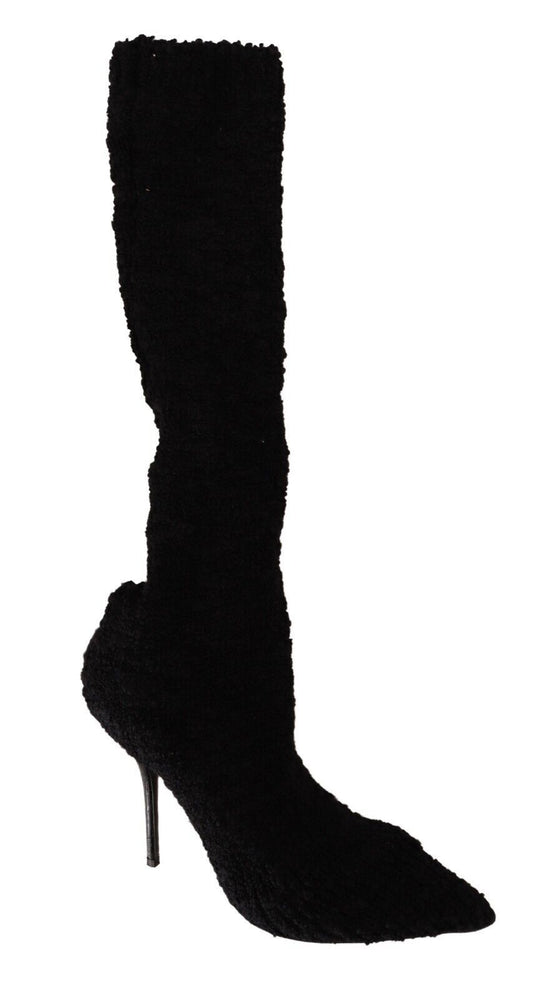 Dolce & Gabbana Black Stretch Socks Knee High Booties Women's Shoes