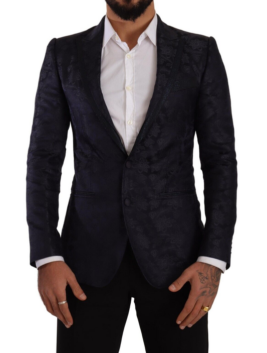 Dolce & Gabbana Blue Floral Jacquard Silk Coat MARTINI Men's Blazer